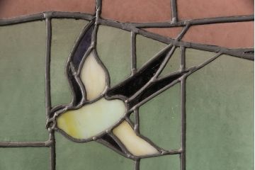 アンティーク建具　国産　ノスタルジックな雰囲気漂うステンドグラス入り両開きドア(玄関ドア、ガラス戸、ガラス扉)(R-051888)