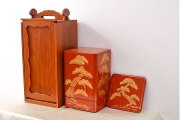 大正〜昭和初期　松沈金朱塗木製五段重箱(漆器)(R-051900)