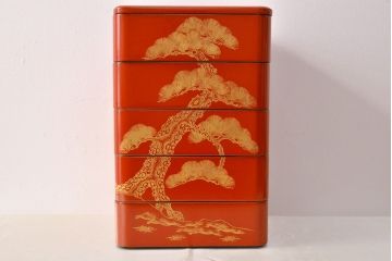 大正〜昭和初期　松沈金朱塗木製五段重箱(漆器)(R-051900)