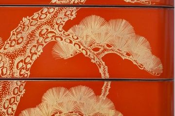 大正〜昭和初期　松沈金朱塗木製五段重箱(漆器)(R-051900)
