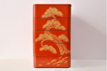 大正〜昭和初期　松沈金朱塗木製五段重箱(漆器)(R-051900)