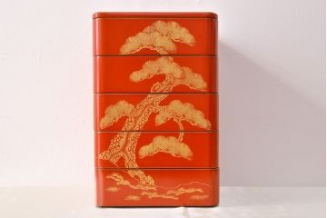 大正〜昭和初期　松沈金朱塗木製五段重箱(漆器)(R-051900)