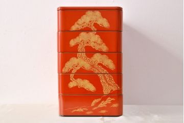 大正〜昭和初期　松沈金朱塗木製五段重箱(漆器)(R-051900)