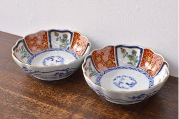 江戸期　古伊万里　成化年製　色絵窓絵染付なます皿2枚セット(和食器、深皿)(R-051901)