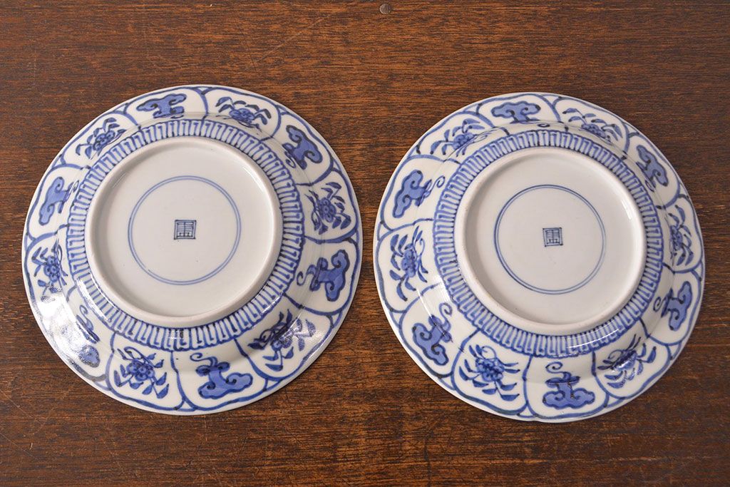 幕末〜明治　伊万里焼　仙芝祝寿文　7寸皿2枚セット(和食器)(R-051902)