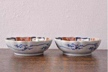 江戸期　古伊万里　成化年製　色絵窓絵染付なます皿2枚セット(和食器、深皿)(R-051907)