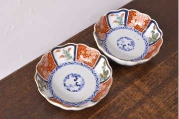 江戸期　古伊万里　成化年製　色絵窓絵染付なます皿2枚セット(和食器、深皿)(R-051907)