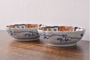江戸期　古伊万里　成化年製　色絵窓絵染付なます皿2枚セット(和食器、深皿)(R-051907)