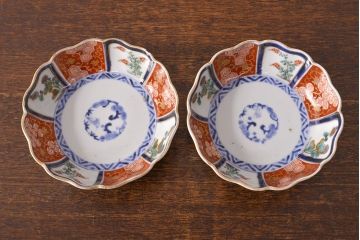 江戸期　古伊万里　成化年製　色絵窓絵染付なます皿2枚セット(和食器、深皿)(R-051907)