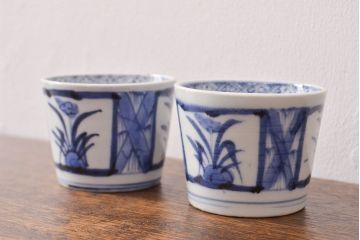 江戸期　古伊万里　水仙文染付　蕎麦猪口2客セット(和食器)(R-051909)