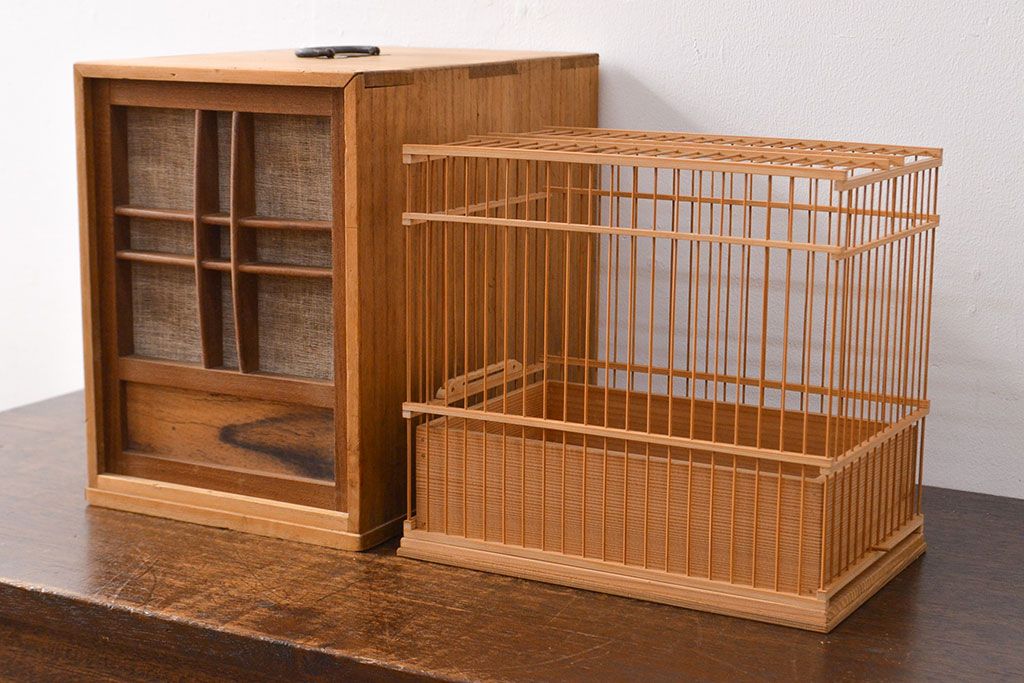 古い　竹製鳥籠　外箱付(時代鳥かご)(R-051932)