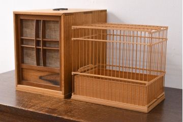 古い　竹製鳥籠　外箱付(時代鳥かご)(R-051932)