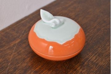 人間国宝　井上萬二　彩釉柿香合　共箱　茶道具(R-051933)