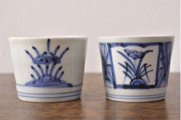江戸期　古伊万里　水仙文染付　蕎麦猪口2客セット(和食器)(R-051942)