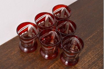 昭和初期　古い赤切子グラス　6客セット(カットガラス)(R-051943)