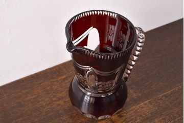 昭和初期　古い赤切子　ピッチャー(カットガラス、水差し)(R-051944)