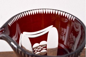 昭和初期　古い赤切子　ピッチャー(カットガラス、水差し)(R-051944)