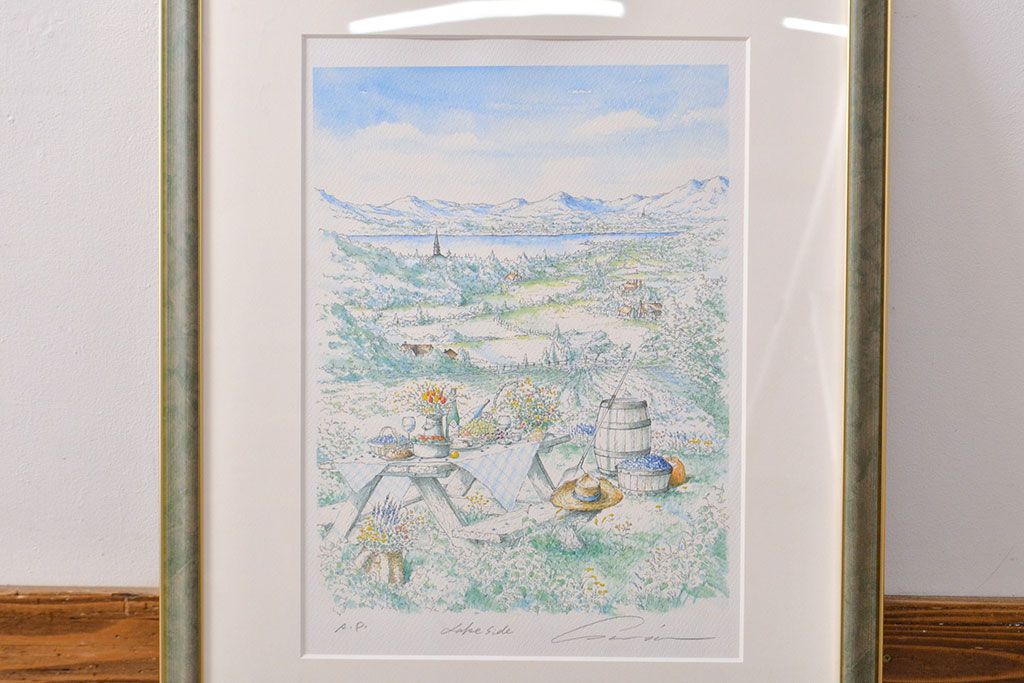 内田新哉　リトグラフ　レイクサイド サイン有り　白と金の額縁 内田新哉リトグラフレイクサイド サイン有り白と金の額縁