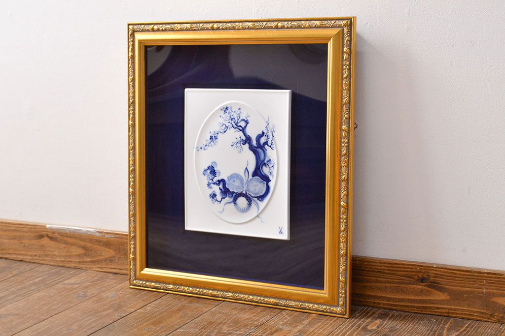 Meissen　マイセン　ブルーオーキッド　プラーク(陶板画)　額装(R-051947)