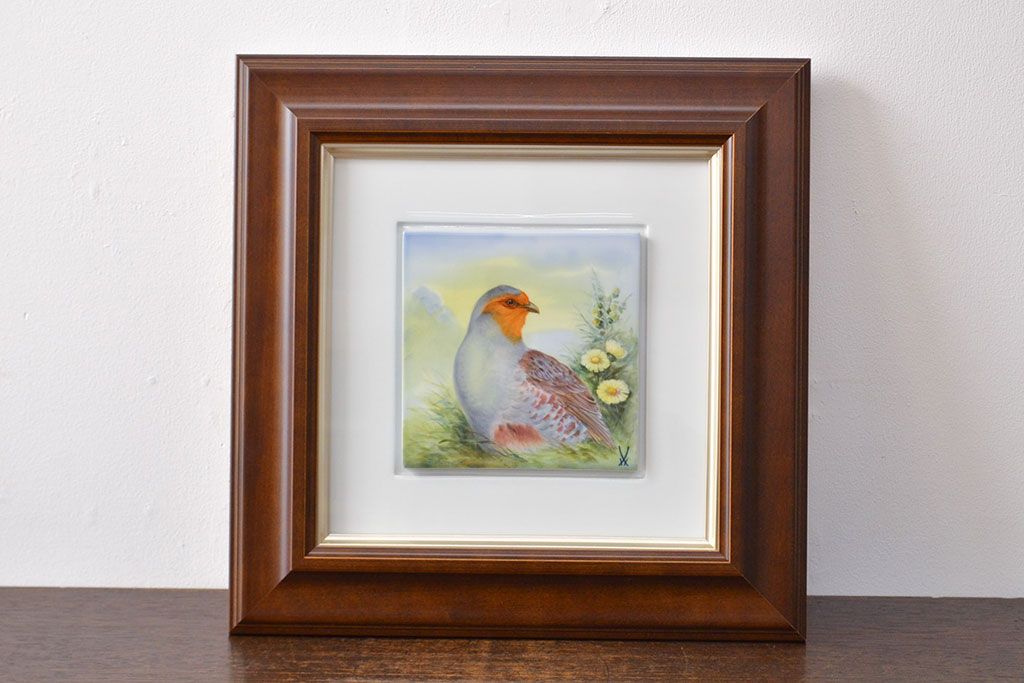 Meissen　マイセン　花鳥絵　プラーク(陶板画)　額装(R-051949)