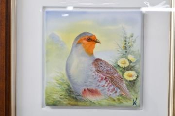 Meissen　マイセン　花鳥絵　プラーク(陶板画)　額装(R-051949)