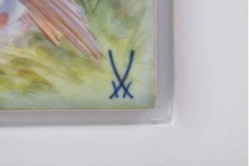 Meissen　マイセン　花鳥絵　プラーク(陶板画)　額装(R-051949)