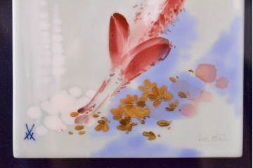 Meissen　マイセン　チューバを吹くシカ　プラーク(陶板画)　額装(R-051950)