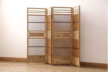中古　民芸家具　植物をあしらったデザインが可愛らしい四連衝立(パーテーション、仕切り、つい立て)(R-051961)