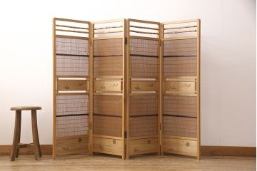 中古　民芸家具　植物をあしらったデザインが可愛らしい四連衝立(パーテーション、仕切り、つい立て)(R-051961)