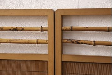 中古　民芸家具　植物をあしらったデザインが可愛らしい四連衝立(パーテーション、仕切り、つい立て)(R-051961)