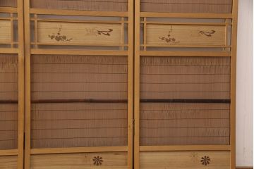 中古　民芸家具　植物をあしらったデザインが可愛らしい四連衝立(パーテーション、仕切り、つい立て)(R-051961)