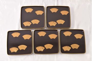 大正〜昭和初期　金蒔絵木製お膳5枚セット(お盆)(R-051962)