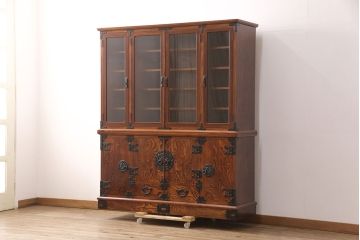 中古　岩谷堂箪笥　菊幸　美しい杢目が上質な雰囲気を醸し出す二段重ね和風キャビネット(定価約110万円)(食器棚、茶箪笥、収納棚、戸棚)(R-051963)