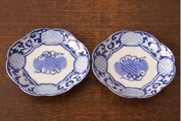 江戸期　古伊万里　染付変形皿2枚セット(和食器)(R-051975)