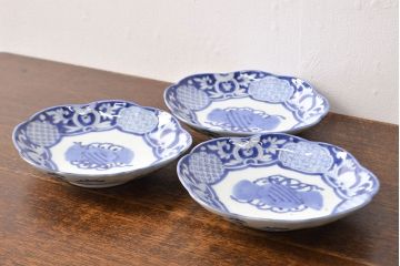 江戸期　古伊万里　染付変形皿3枚セット(和食器)(R-051976)