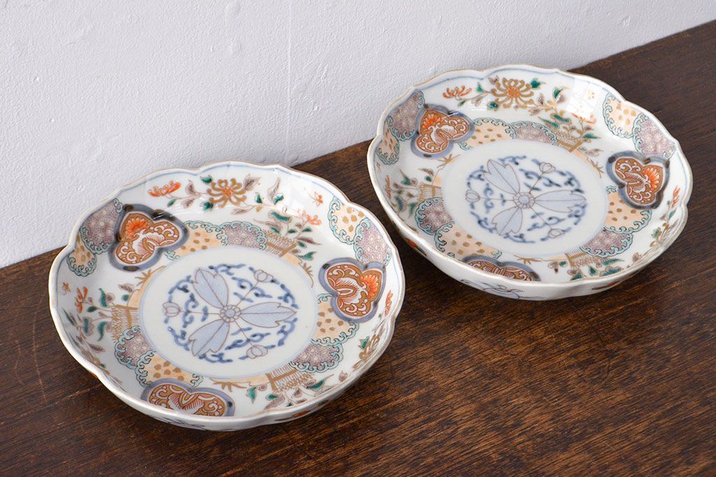 古伊万里 五寸皿2枚 色絵金彩 傷無し 直径14センチ 幕末明治 古伊万里