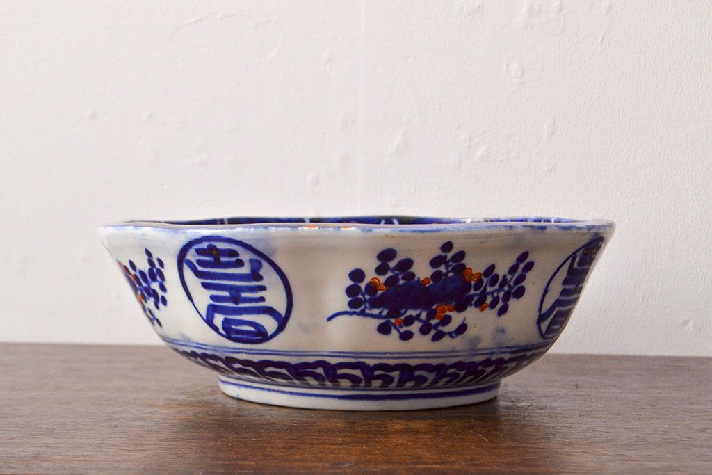 明治期　色絵　富士山図　窓絵　染付　深鉢(深皿、和食器)(R-051979)