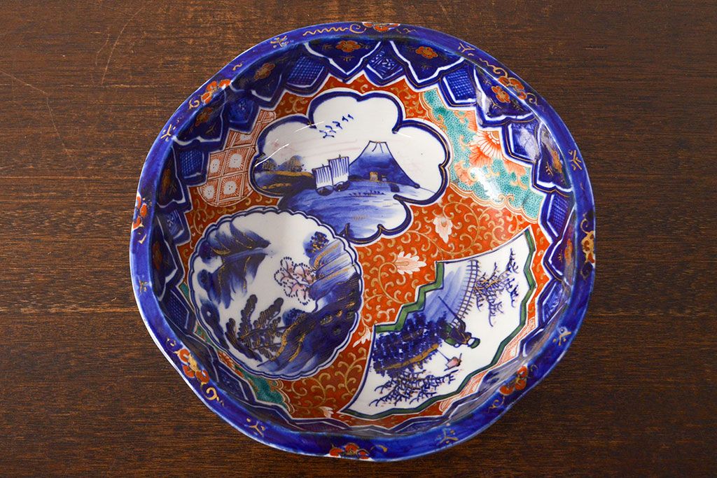 明治期　色絵　富士山図　窓絵　染付　深鉢(深皿、和食器)(R-051979)