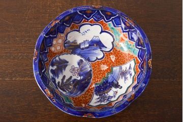 明治期　色絵　富士山図　窓絵　染付　深鉢(深皿、和食器)(R-051979)