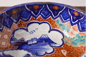 明治期　色絵　富士山図　窓絵　染付　深鉢(深皿、和食器)(R-051979)