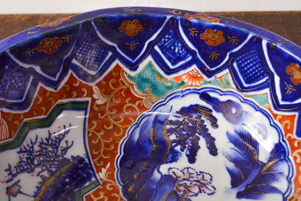 明治期　色絵　富士山図　窓絵　染付　深鉢(深皿、和食器)(R-051979)