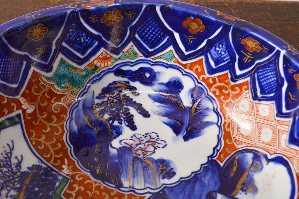 明治期　色絵　富士山図　窓絵　染付　深鉢(深皿、和食器)(R-051979)