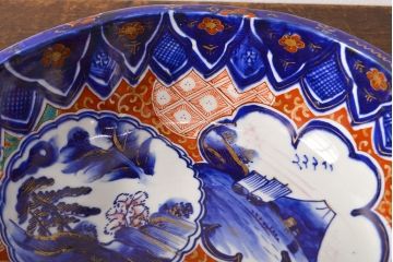 明治期　色絵　富士山図　窓絵　染付　深鉢(深皿、和食器)(R-051979)