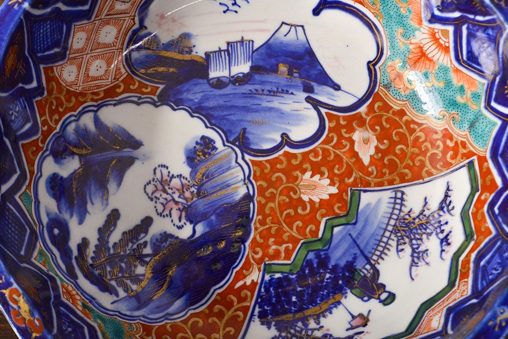 明治期　色絵　富士山図　窓絵　染付　深鉢(深皿、和食器)(R-051979)