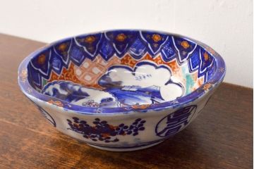 明治期　色絵　富士山図　窓絵　染付　深鉢(深皿、和食器)(R-051979)