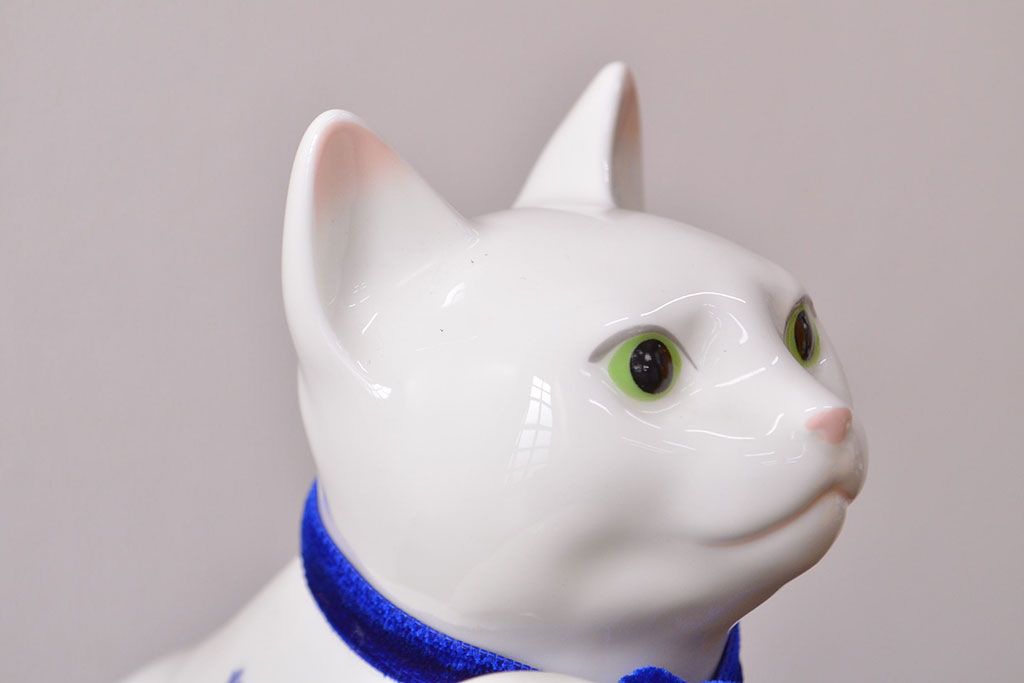 ノリタケ　Noritake　招き猫(中)　青小花　置物(ホームアクセサリー、ディスプレイ、置き物)(R-051981)