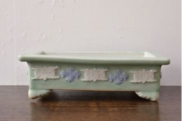 古い　池林堂半七製　青磁陽刻　水盤(植木鉢、ディスプレイ)(R-051982)