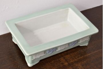 古い　池林堂半七製　青磁陽刻　水盤(植木鉢、ディスプレイ)(R-051982)