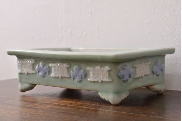 古い　池林堂半七製　青磁陽刻　水盤(植木鉢、ディスプレイ)(R-051982)