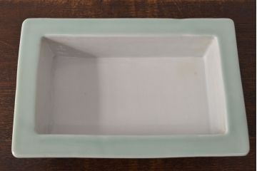 古い　池林堂半七製　青磁陽刻　水盤(植木鉢、ディスプレイ)(R-051982)